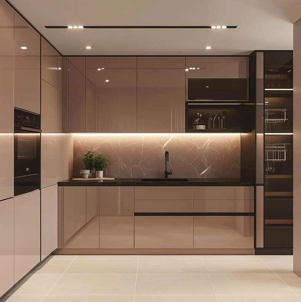 A kitchen in stone and warm light, Modular kitchen, concept in Gachibowli, Hyderabad