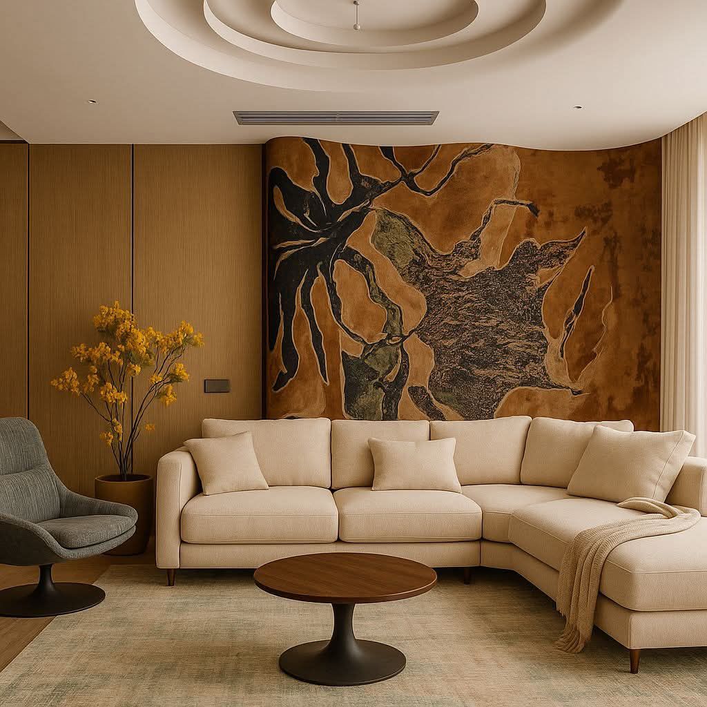 A finished La'espace living room with a warm sculpted feature wall