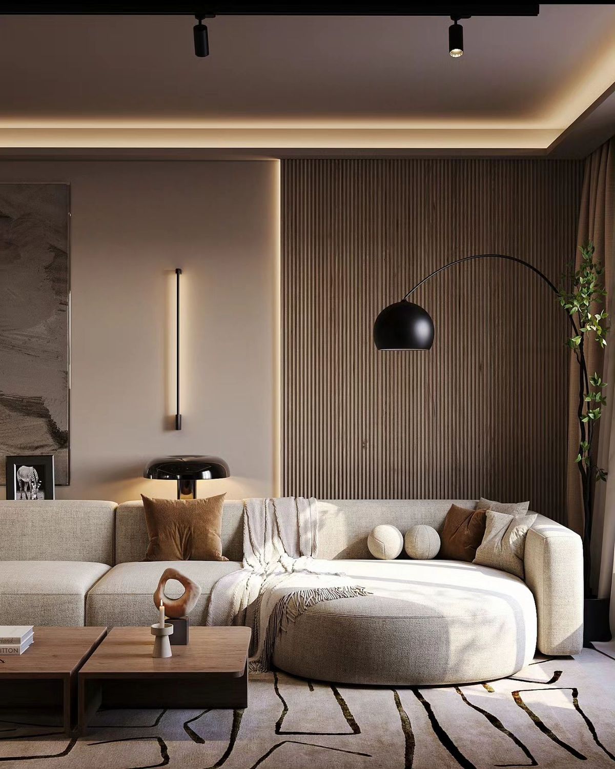 A warm living room by La'espace shown through changing daylight at early morning
