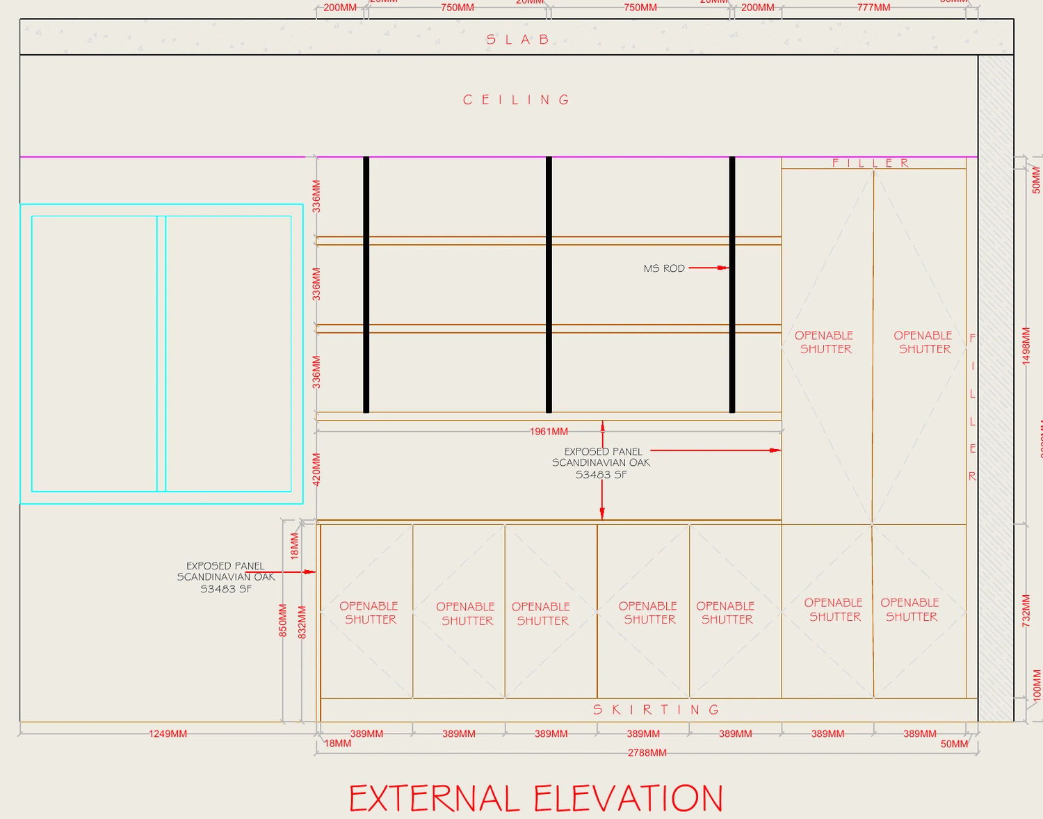 The working drawing for the room's storage wall, shutters, shelves and skirting set out to the millimetre