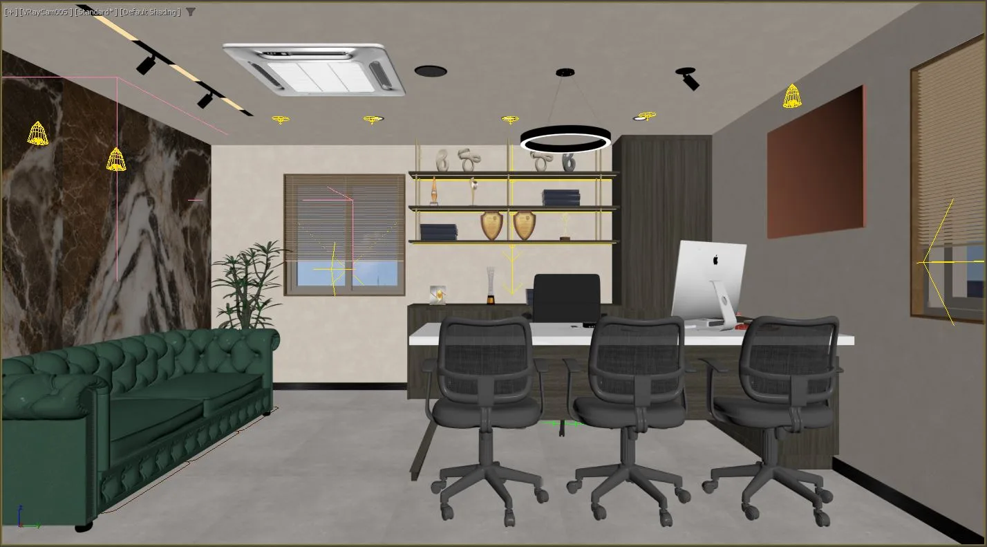 The same room as a 3D model in progress, geometry and lighting set before any finish is applied