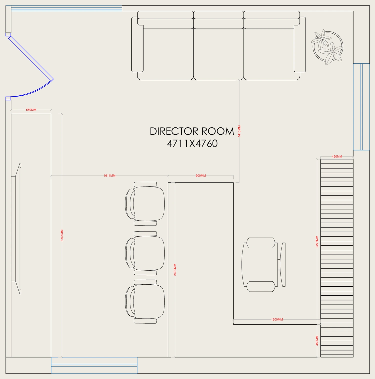 The furniture layout drawing for the same room, dimensioned in millimetres