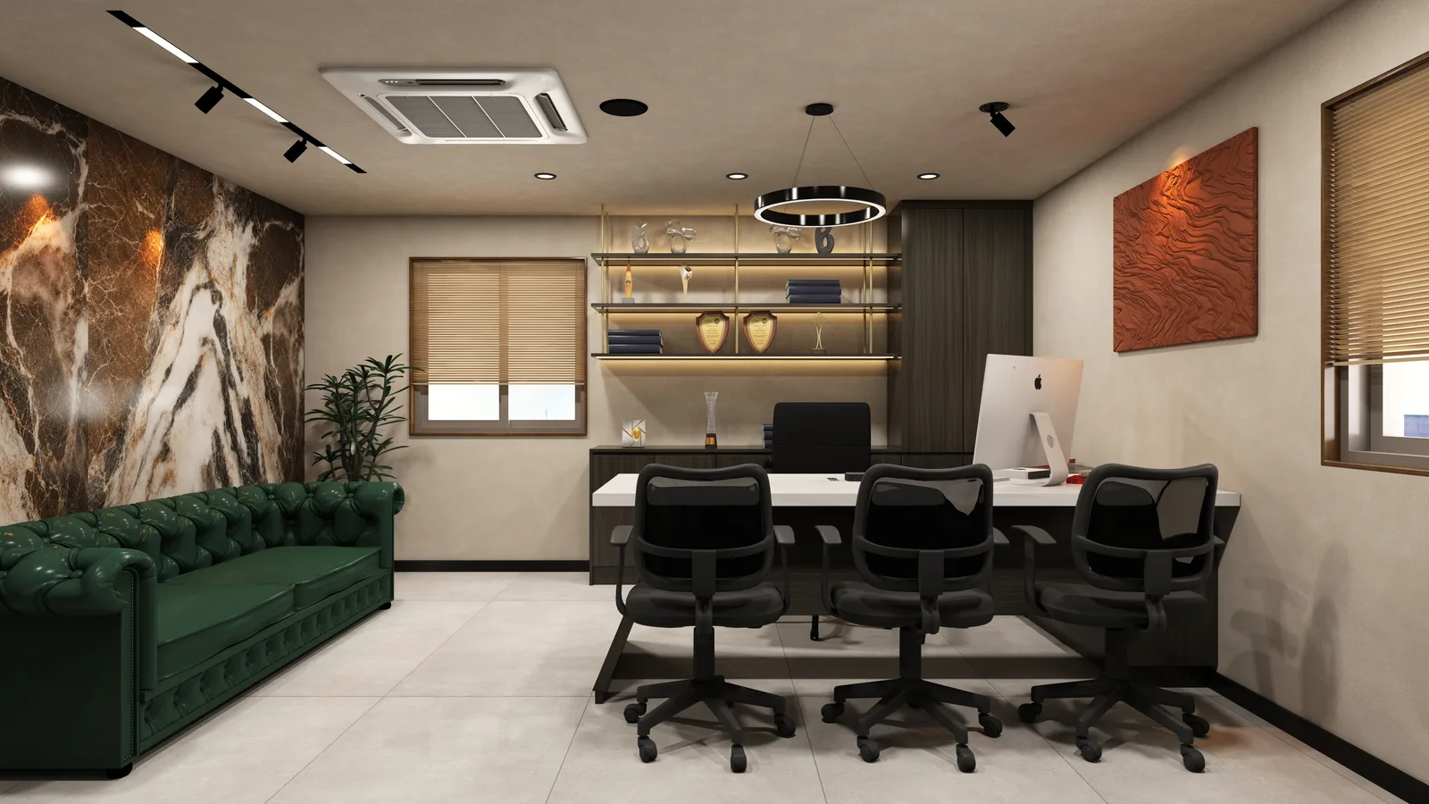 The same room as a finished 3D render, with materials, colour and lighting resolved